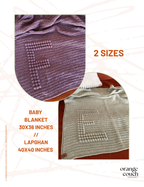 2 size of blanket, baby and lapghan.  Purple F blanket and a green E blanket.